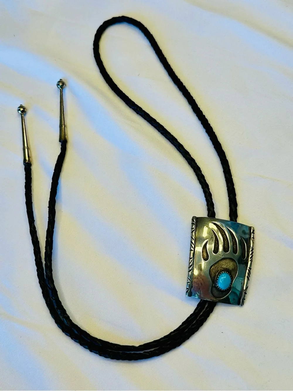 Sterling Silver Zuni Bear Paw Shadowbox Bolo Tie
